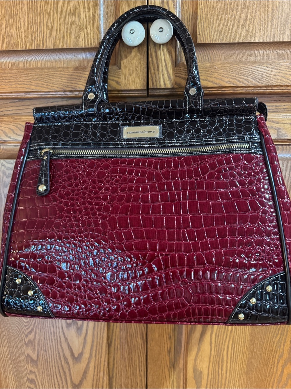 Samantha Brown Two-Tone Burgundy and Black Croc-Embossed Satchel/ Travel Bag.
